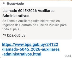Mensaje reenviado: Llamado 6045/2026 Auxiliares Administrativos, con descripción sobre contrato de función pública y enlace a bps.gub.uy