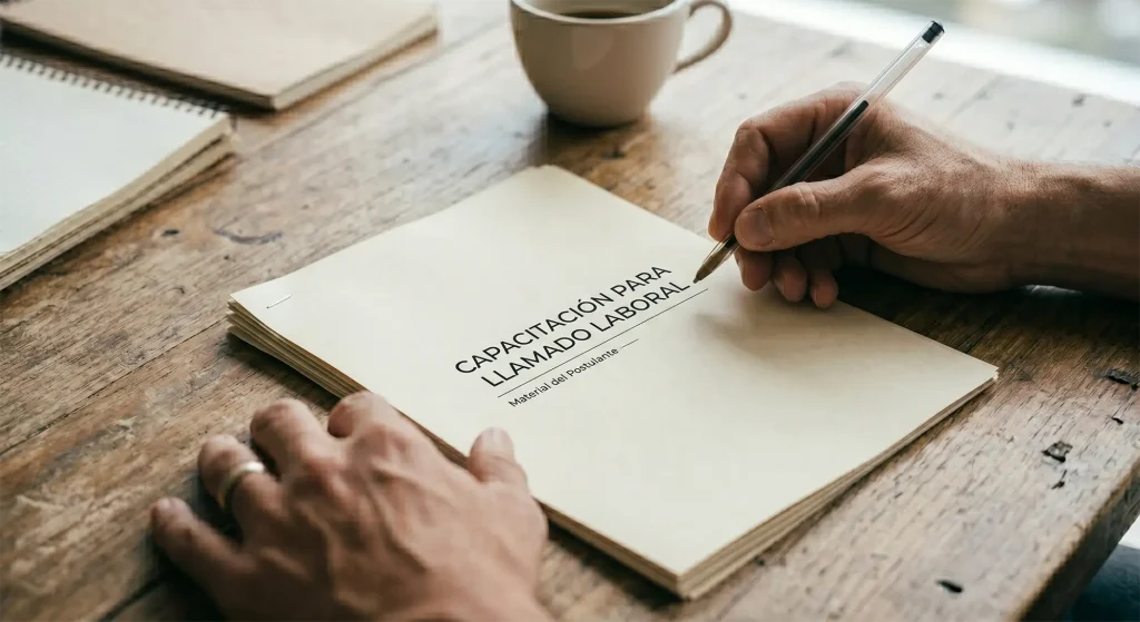 Mano escribiendo con bolígrafo sobre un documento titulado 'Capacitación para llamado laboral' en una mesa de madera, con una taza y cuadernos al fondo