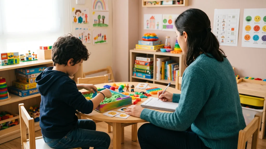 Adult and child at a small table shaping colorful clay in a cozy classroom setting.
