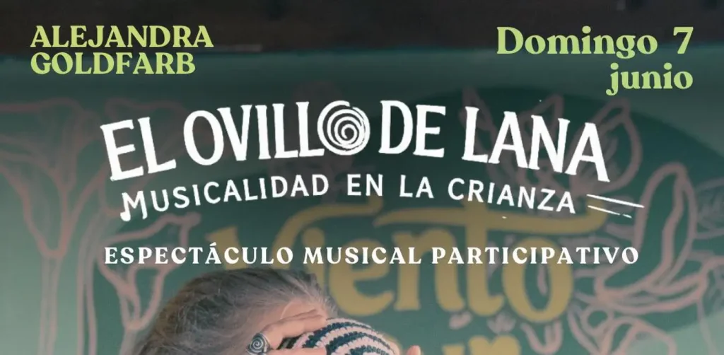 Cartel promocional de un espectáculo musical infantil titulado 'El ovillo de lana', con fecha domingo 7 de junio y la artista Alejandra Goldfarb.