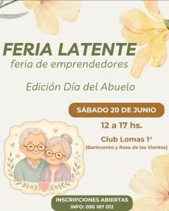 Anuncio de la Feria Latente para emprendedores con ilustración de una pareja de abuelos sonriendo entre flores.