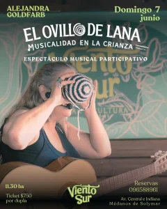 Poster for a children's musical show; a woman with a guitar holds a crocheted yarn ball near her face, chalkboard art in the background.