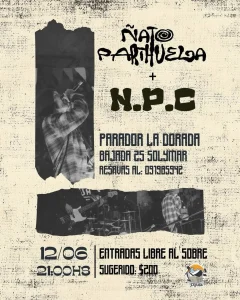 Concert poster showing band names and event details: NØT PAR... + H.P.C at Parador La Dorada, Solymar. Date 12/06, 21:00, free entry.