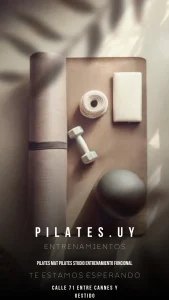 Promotional Pilates poster with workout props: rolled mat, dumbbell, foam roller, block, and exercise ball on a wooden surface.