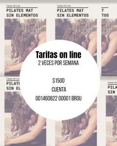Promo image for online Pilates mat classes showing price $1500 and account details over a large white circle on a collage of posters